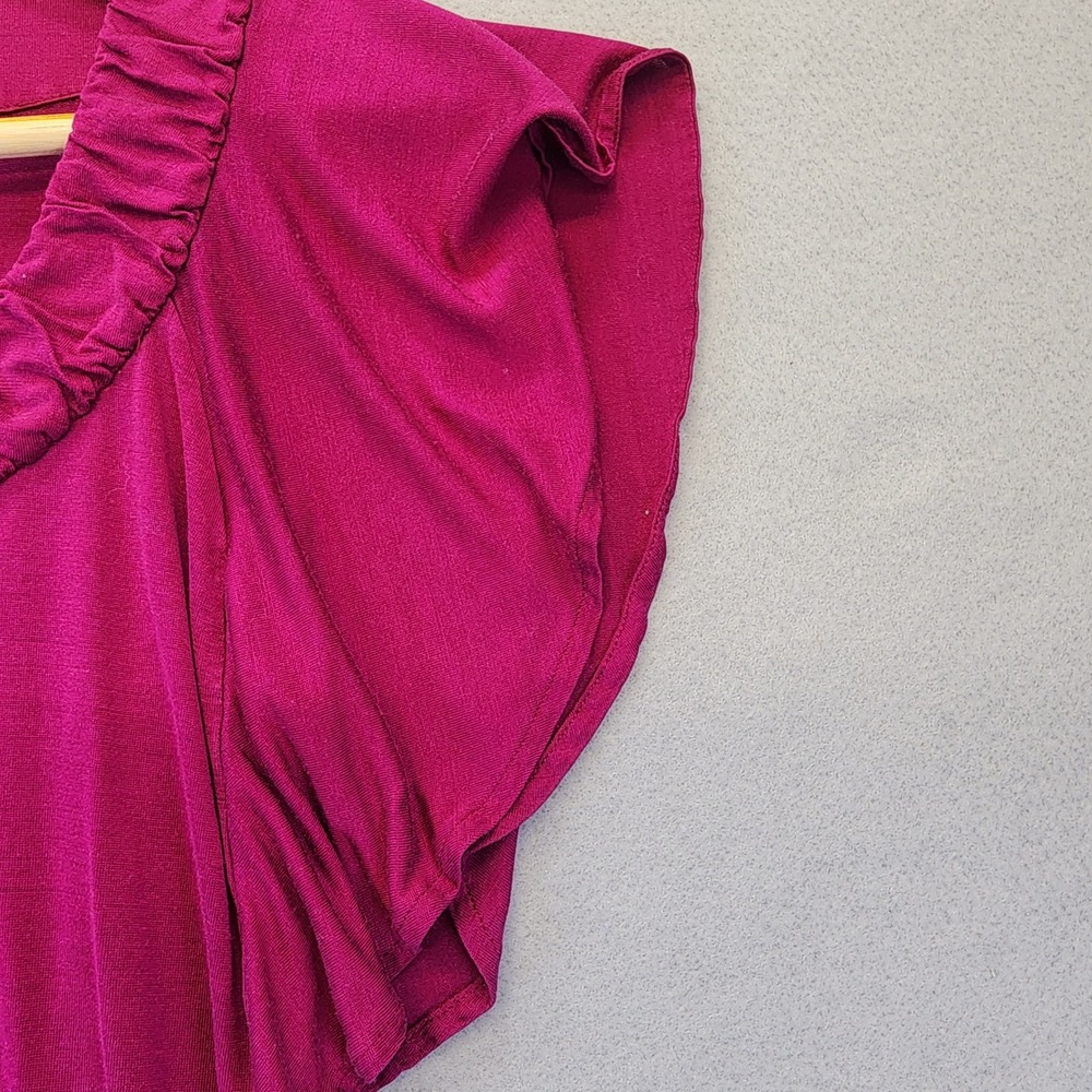 Banana Republic Magenta Silk Blend Flutter Sleeve Ruffle Neck Top Petite Small - Picture 6 of 10